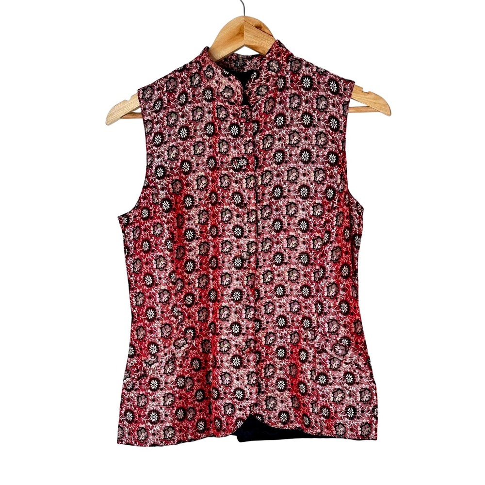 Vintage LANASHA Red Floral Brocade‎ Mandarin Collar Sleeveless Vest Womens small